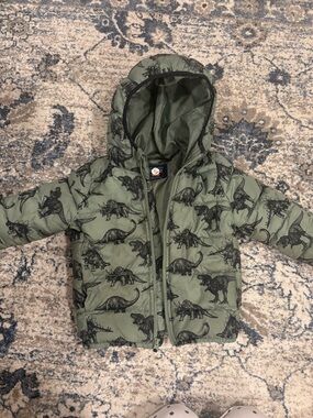 The Children's Place Olive Green Dino Print Puffer Jacket